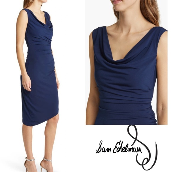NWT Sam Edelman Navy Ruched Bodycon Sleeveless Midi Dress Size 6 - Picture 2 of 16